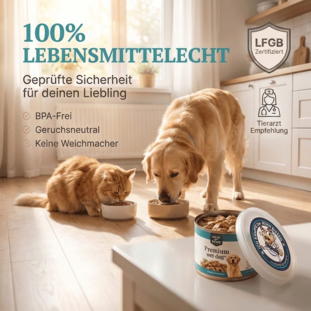 Katze und Hund fressen. Dose mit Deckel. Aufschrift: „100% LEBENSMITTELECHT“. Tierarzt Empfehlung.