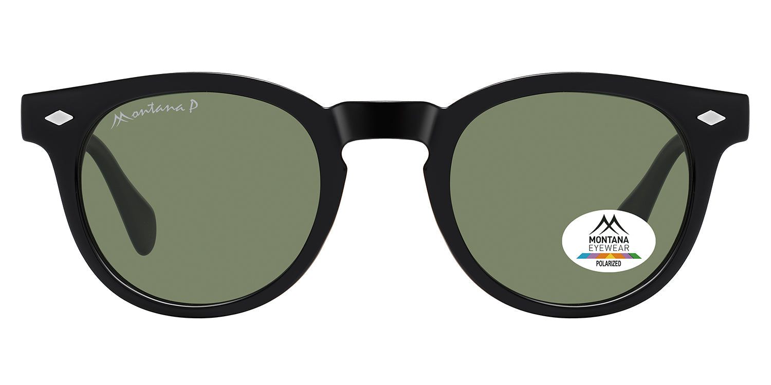 Schwarze Sonnenbrille mit runden Gläsern. Montana Eyewear Logo auf dem Bügel. Polarisierte Gläser mit Logo-Aufkleber.