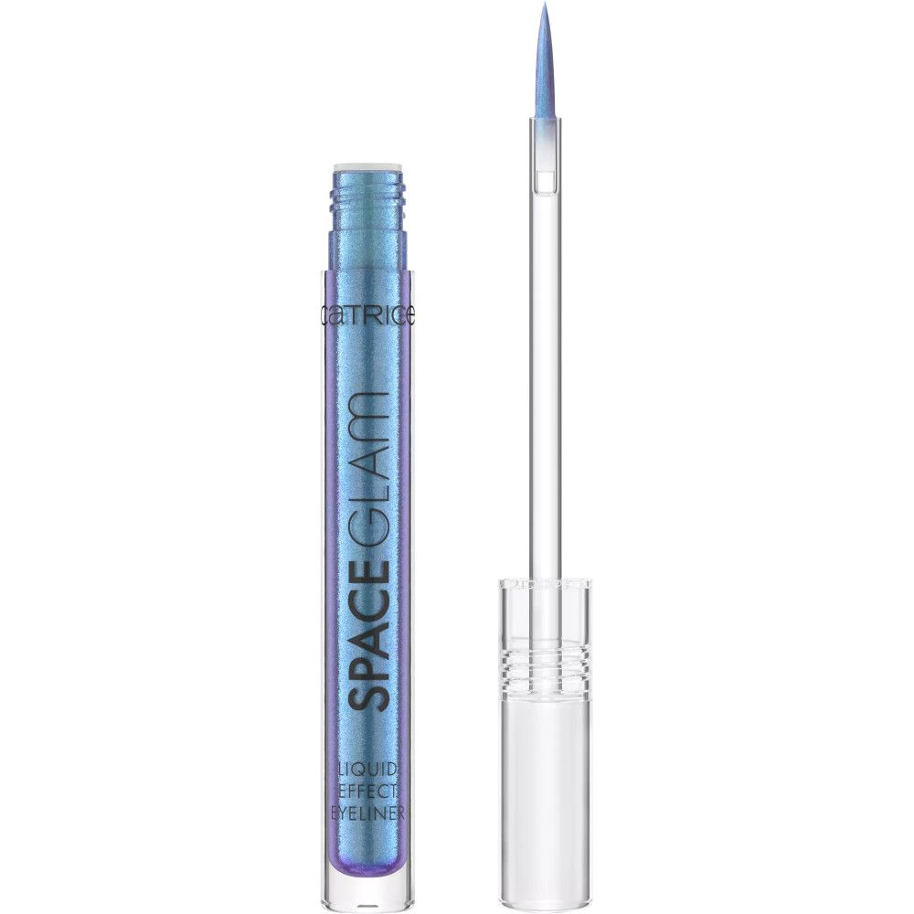 Flüssiger Eyeliner Space Glam Effekt, geöffnet. Blaue Flüssigkeit, Applikator und transparente Flasche. Schriftzug: SPACE GLAM.