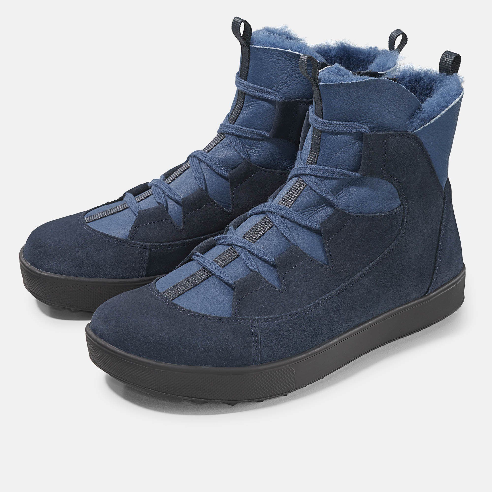 Blaue Stiefeletten mit Schnürung und Fellfutter. Schwarze Sohle. Obermaterial aus Leder und Textil.