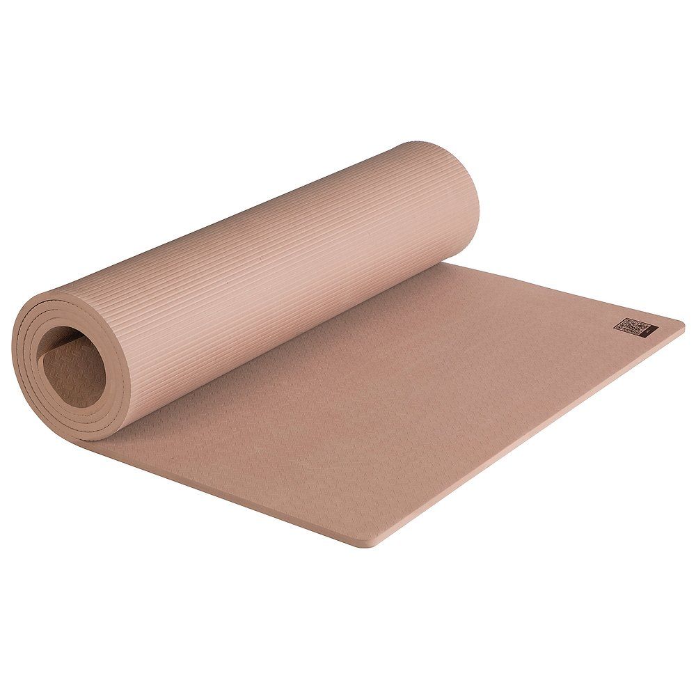 Gerollte Gymnastikmatte, teilweise ausgerollt. Beige mit AIRREX-Logo. Geriffelte Oberfläche.