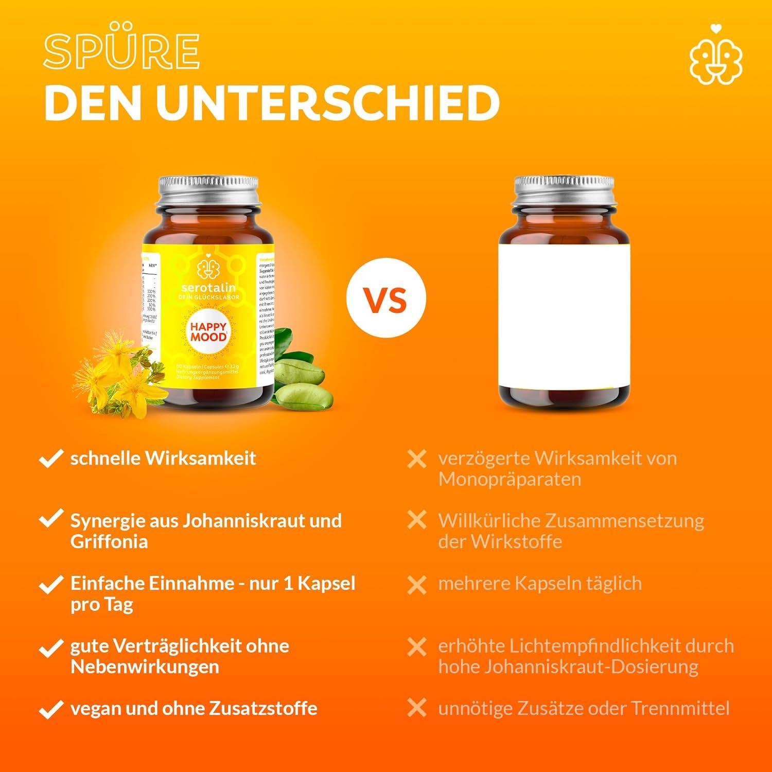 serotalin HAPPY MOOD 60 KAPSELN - Johanniskraut, 5-HTP & L-Tryptophan | Stimmungsboost | koffeinfrei