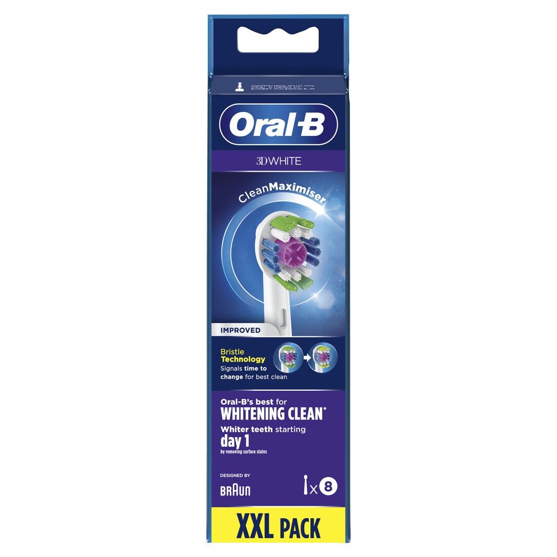 Verpackung mit 8 Zahnbürstenaufsätzen. Marke Oral-B, CleanMaximiser, 3D White. XXL Pack.