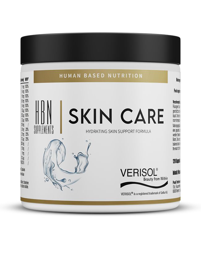 Weißes Hautpflegeprodukt-Behälter mit schwarzem Deckel. Aufschrift: HBN SKIN CARE, Hydrating Skin Support Formula. Mit Logo und Text.