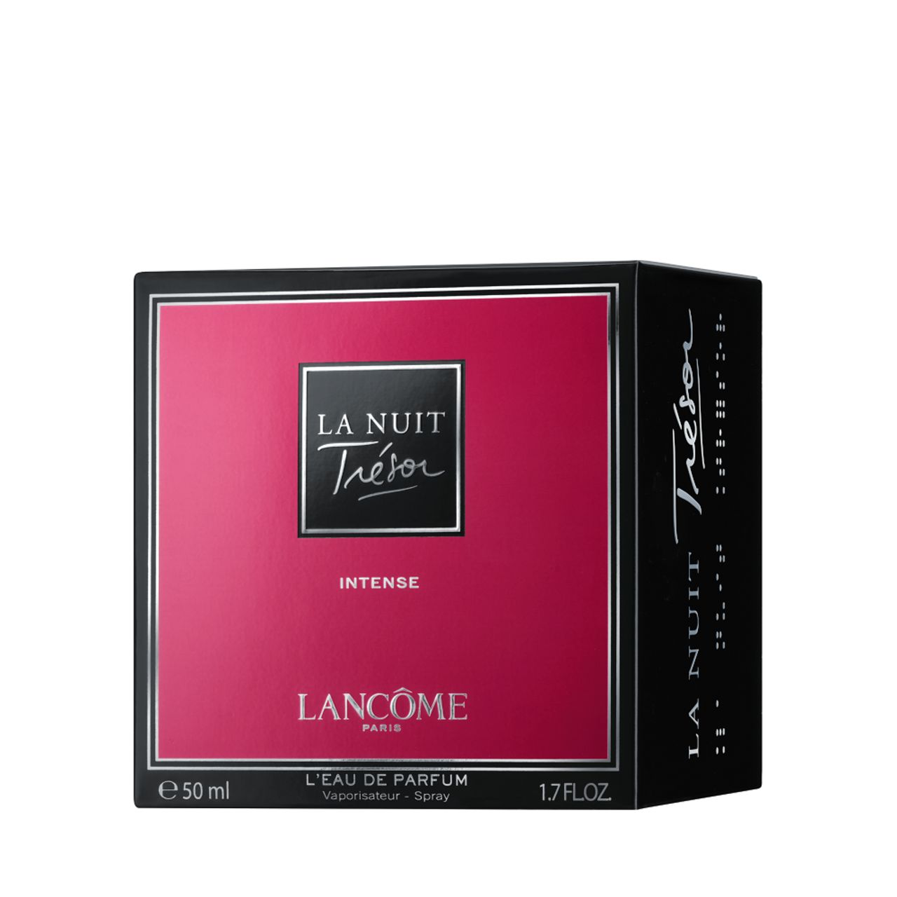 Schwarzer Karton mit rosa Feld. Aufschrift: La Nuit Trésor Intense, Lancôme, E 50 ml, 1.7 FL.OZ. E.d.P. Nat. Spray.