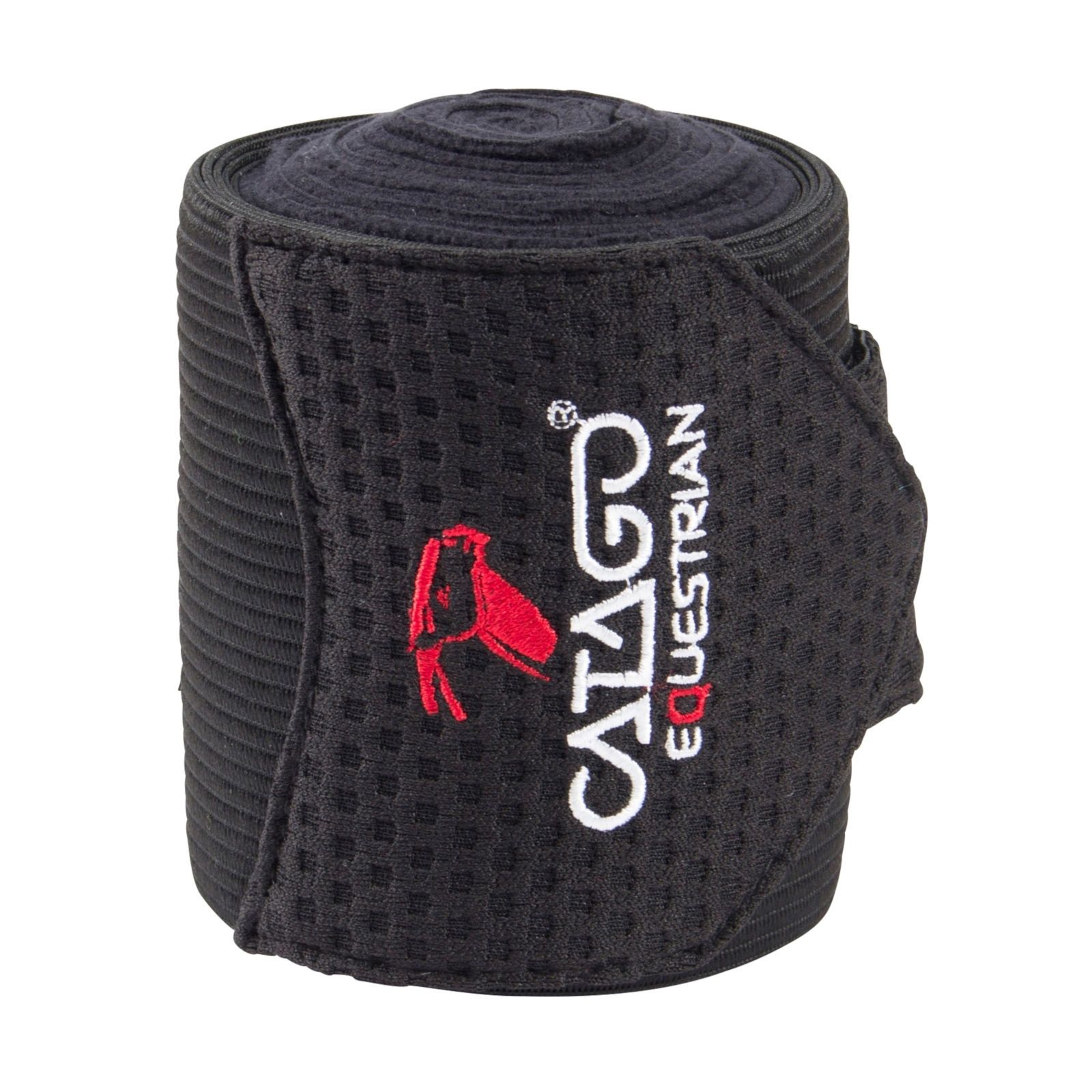 Gerollte schwarze Bandage. Rotes Logo: CATAGO Equestrian. Gerippte Textur, Klettverschluss.