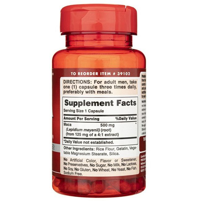 Rückseite der Puritan's Pride Maca 500 mg Flasche mit Nährwertangaben und Inhaltsstoffen.