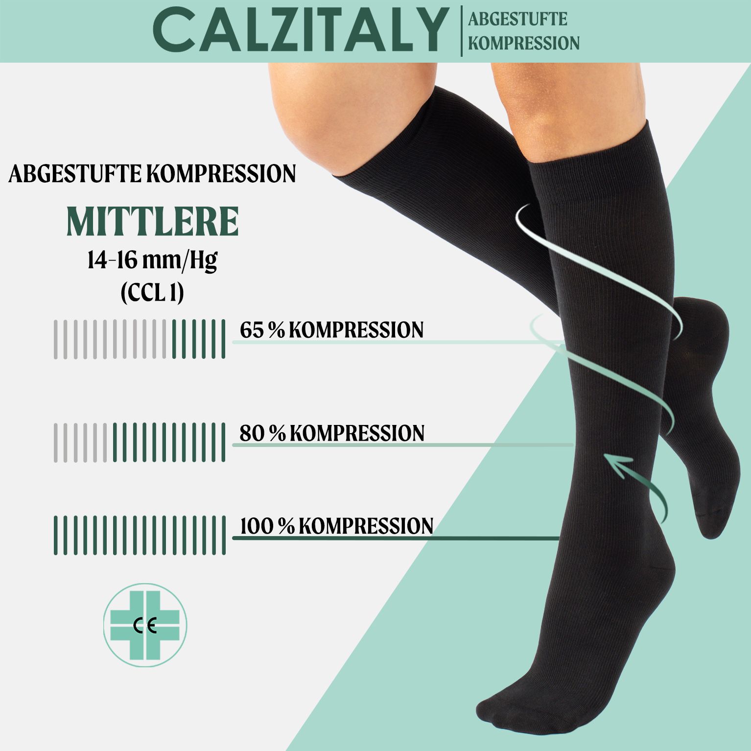 CALZITALY Unisex Kniestrümpfe aus Baumwolle Abgestufter Kompression 14-16 mm/Hg Made in Italy