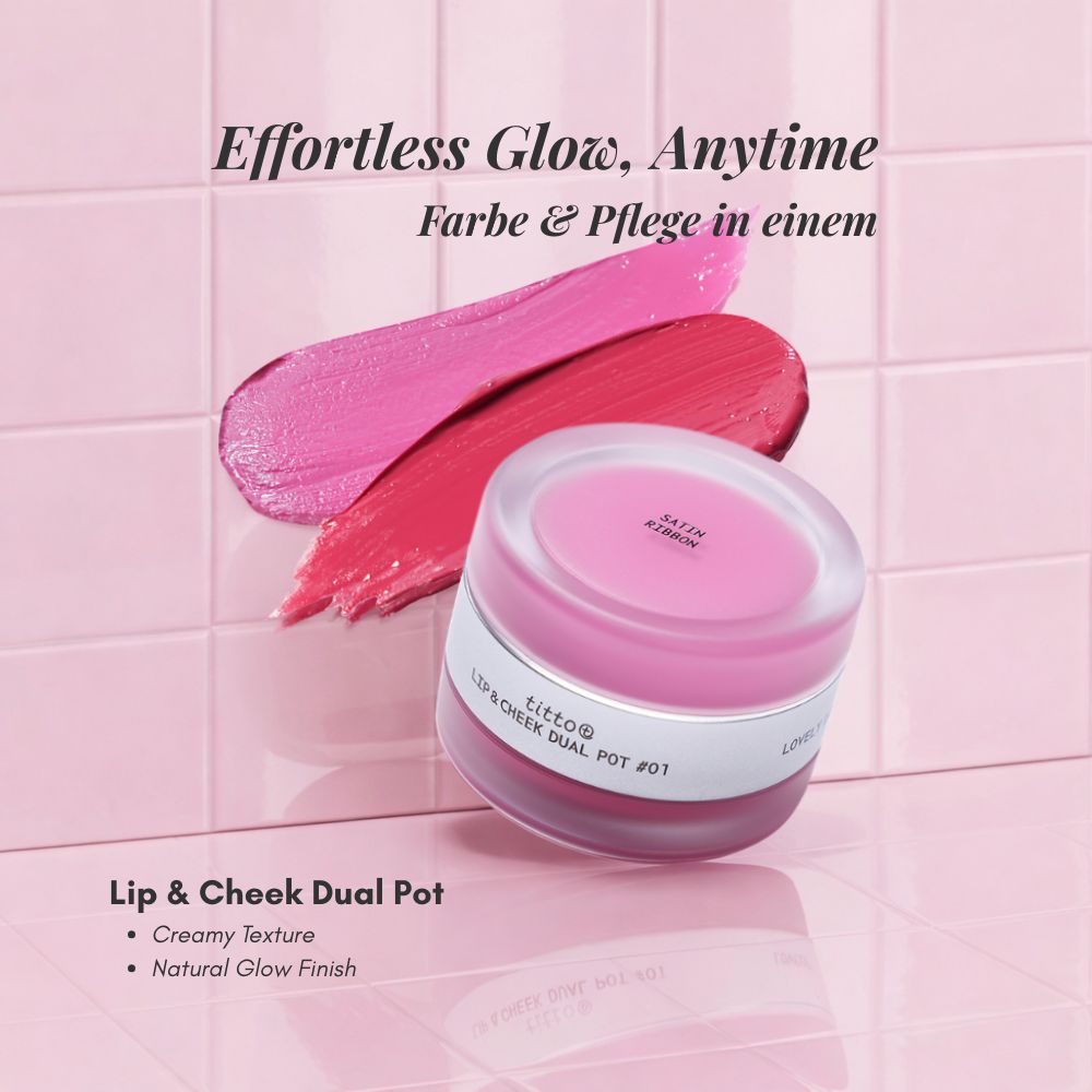 Produktabbildung des titto Lip & Cheek Dual Pot. Produkt und Farbtupfer auf rosa Hintergrund.