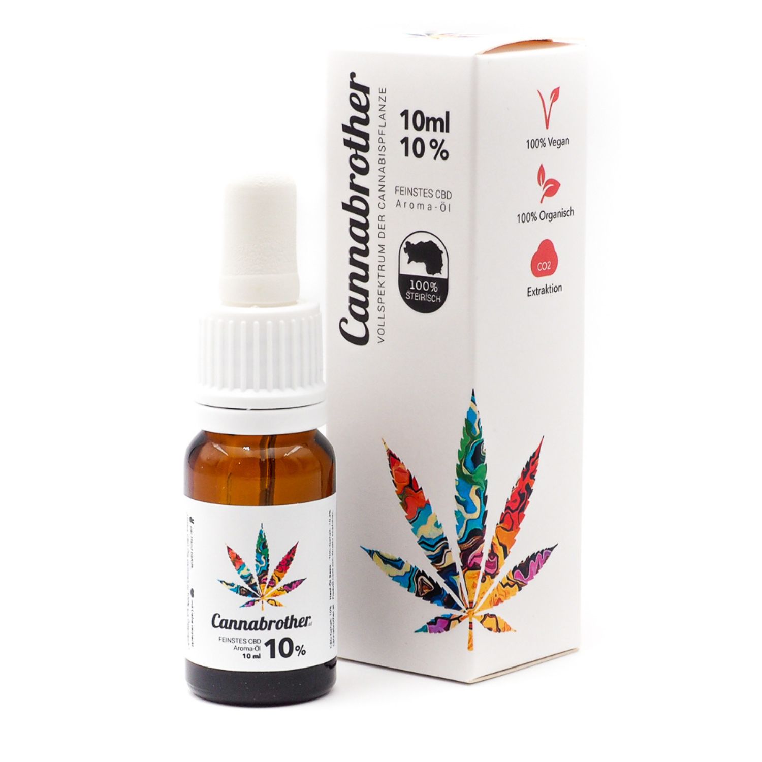 Braune Glasflasche mit weißem Tropfer und Etikett. Daneben eine weiße Schachtel mit Logo und Text. 10% CBD Öl.