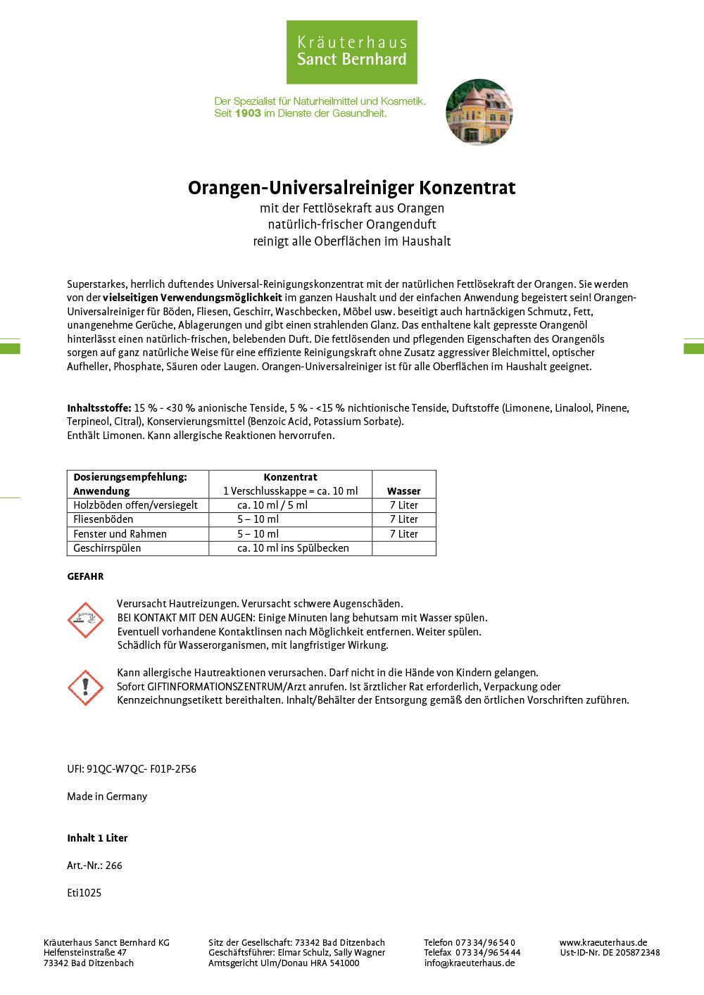 Weißes Blatt mit Text. Text: Orangen-Universalreiniger Konzentrat. Inhaltsstoffe, Anwendungsempfehlungen und Gefahrenhinweise.