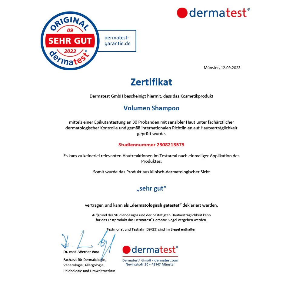 Dermatest-Zertifikat. Text: Volumen Shampoo, dermatologisch getestet, sehr gut. Siegel und Unterschrift.