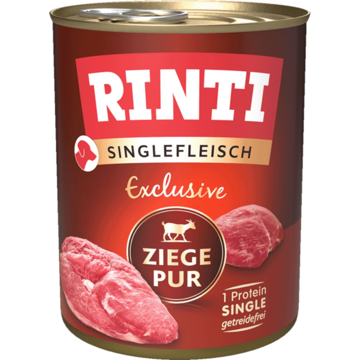 Rinti Singlefleisch Exclusive Ziege Pur Hundefutter in roter Dose mit Ziegenfleisch-Abbildung.