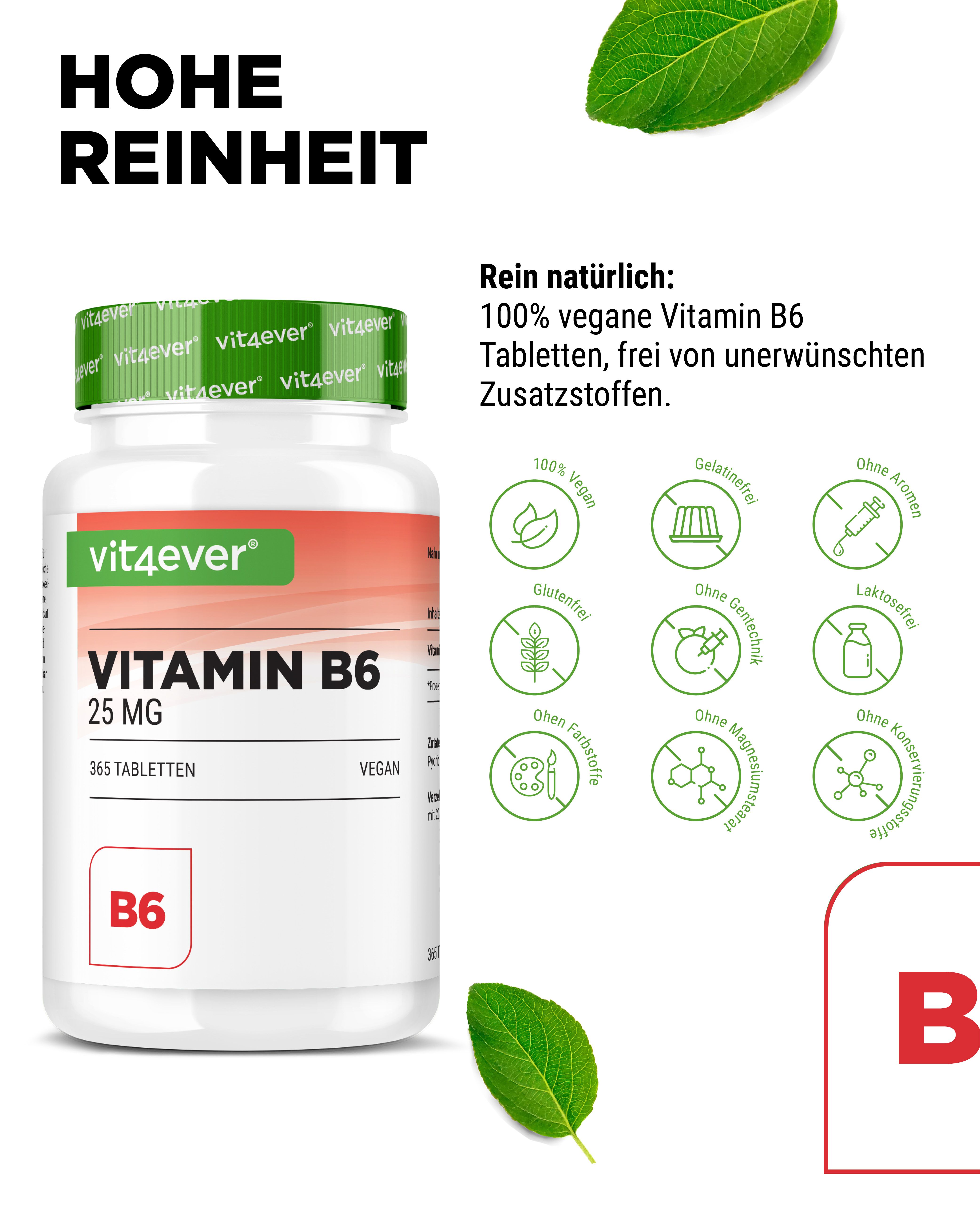 Weißes Pillenfläschchen mit grünem Deckel. Aufschrift: Vitamin B6 25 mg, 365 Tabletten. Vegan. Vit4ever Logo. Symbole für vegan, glutenfrei, etc.