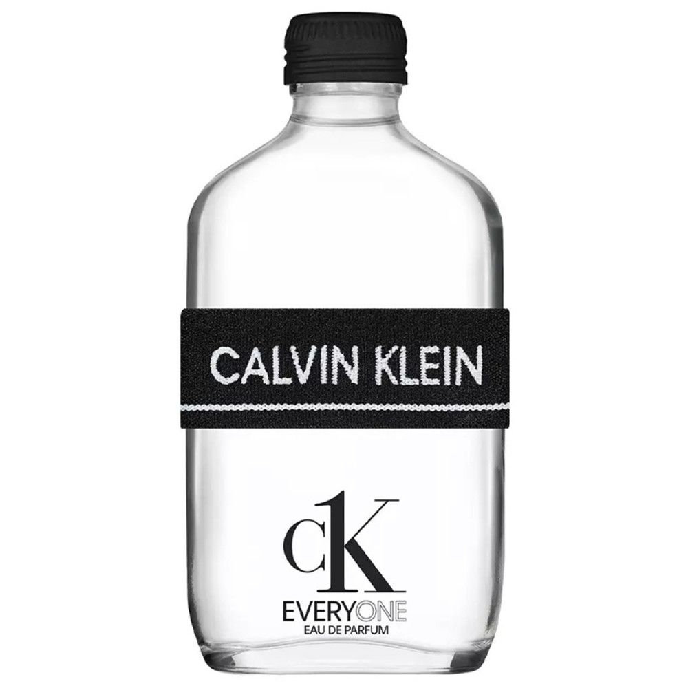 Glasflakon mit schwarzem Verschluss und schwarzem Band mit Calvin Klein-Schriftzug. Aufschrift CK EVERYONE.