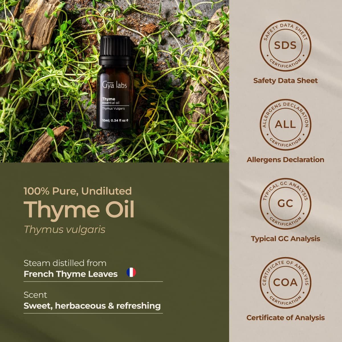 Gya Labs Thymianöl-Flasche mit Zertifizierungen: SDS, Allergieerklärung, typische GC-Analyse, Analyse-Zertifikat. Text: 100% reines, unverdünntes Thymianöl.