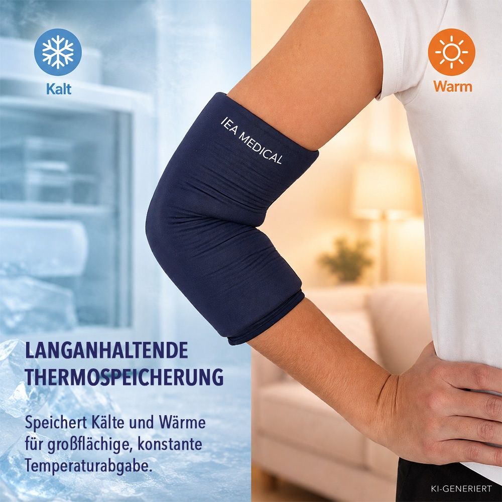 Dunkelblaue Kühlmanschette am Ellenbogen. Links Gefrierschrank, rechts Wohnraum. Text: "Langanhaltende Thermospeicherung".
