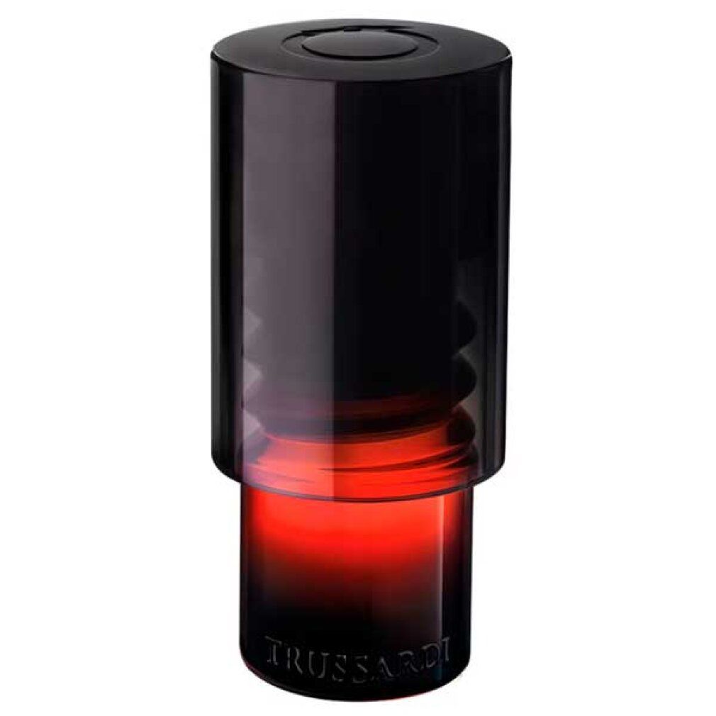 Schwarzer Flakon mit rotem Farbverlauf. Trussardi-Logo am Boden. Zylindrische Form mit schwarzem Deckel.