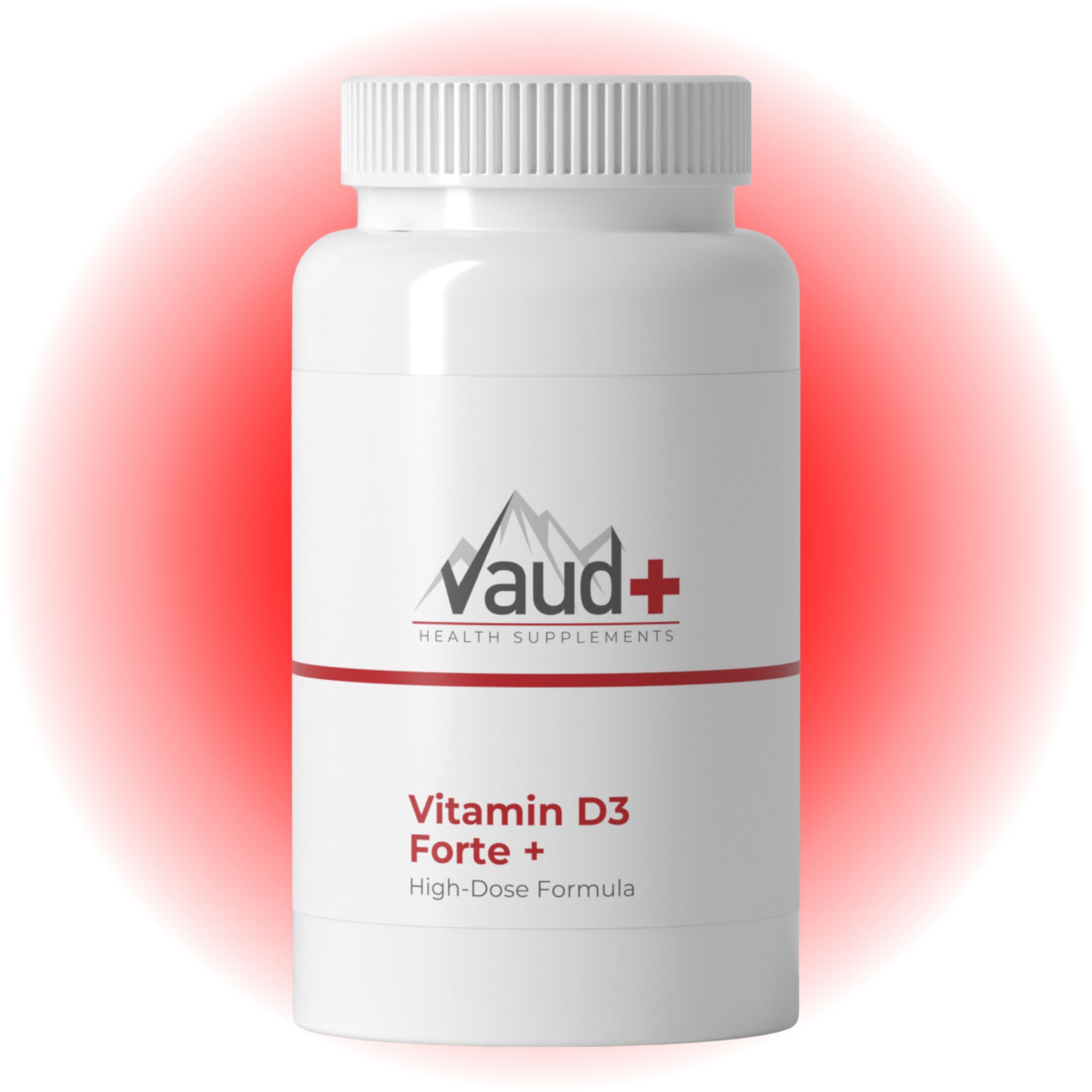 Weiße Flasche mit Schraubverschluss. Aufschrift: Vaud+ HEALTH SUPPLEMENTS, Vitamin D3 Forte +. Roter Streifen. Hohe Dosis Formel.
