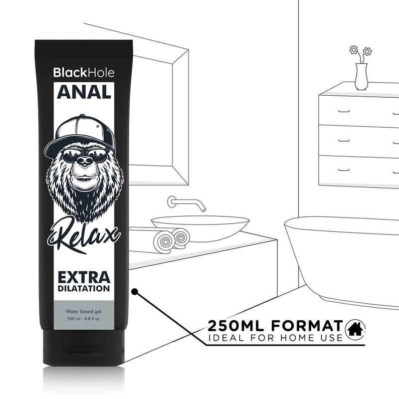 Black Hole Anal Relax Extra Dilatation Gel, 250ml, in Badezimmer-Szene. Text: Ideal für den Hausgebrauch.