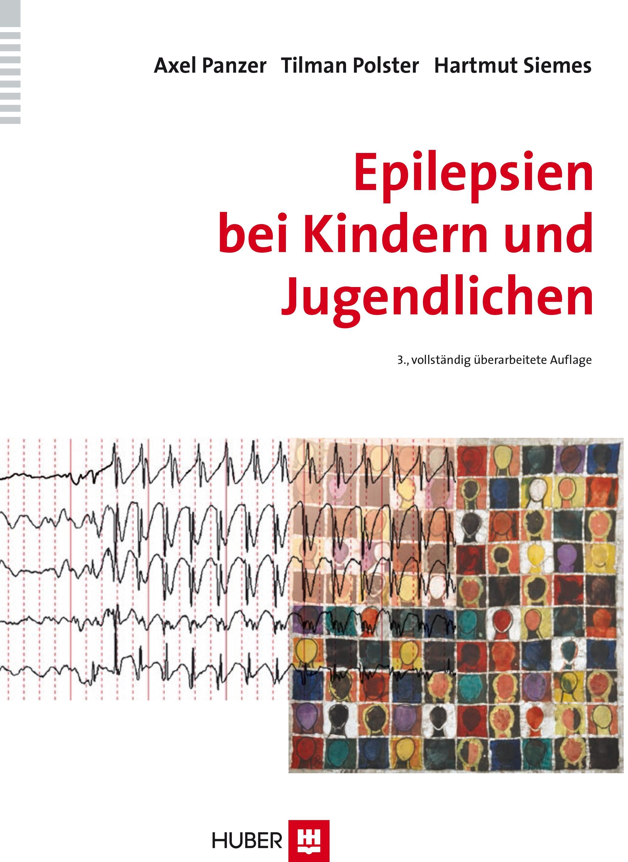 Buchcover: Epilepsien bei Kindern und Jugendlichen. Autoren: Panzer, Polster, Siemes. Verlag Huber. Mit EKG-Grafik und Illustration.