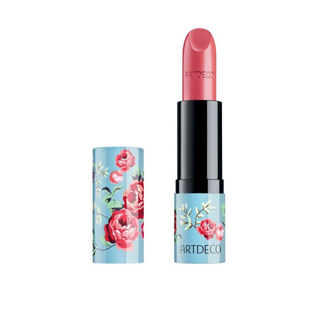 Lippenstift mit floral bedruckter Hülse und hellem Lippenstift. ARTDECO ist sichtbar.