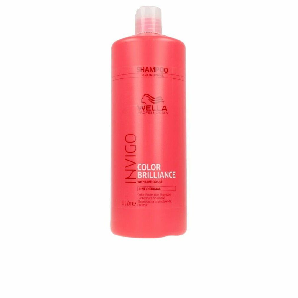 Rote Shampoo-Flasche. Oben: "SHAMPOO FINE/NORMAL". Logo: Wella Professionals. Unten: "INVIGO COLOR BRILLIANCE". 1 Liter.
