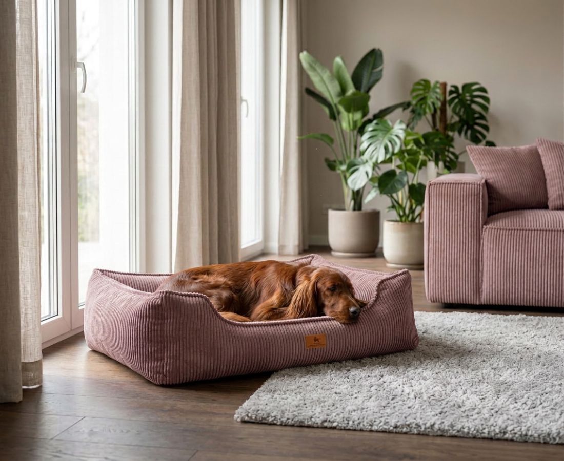 Hundebett aus rosa Cord in einem Wohnzimmer, mit einem Hund, der darin liegt.