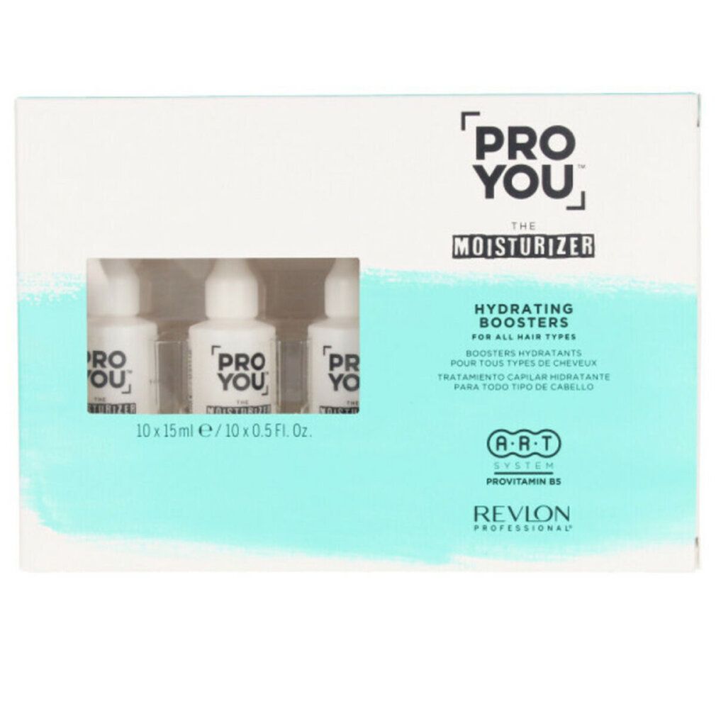 Verpackung mit drei Fläschchen. Aufschrift: PRO YOU THE MOISTURIZER. Hydrating Boosters. Revlon Professional.