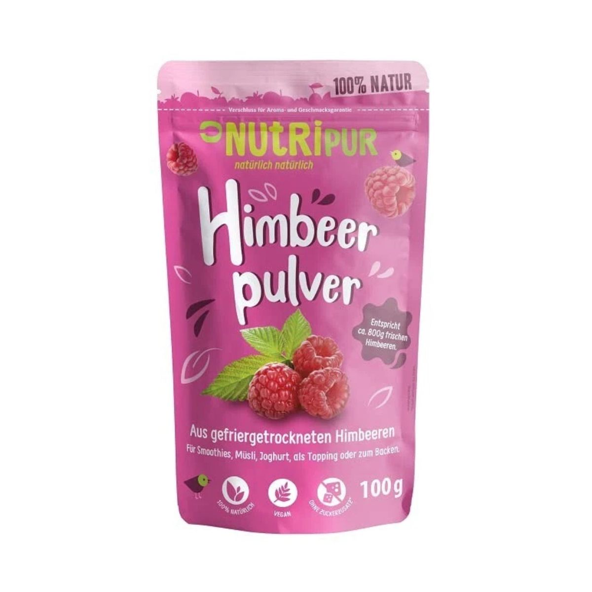 Rosa Beutel mit Himbeerpulver. Aufschrift: NutriPur Himbeerpulver. 100g.