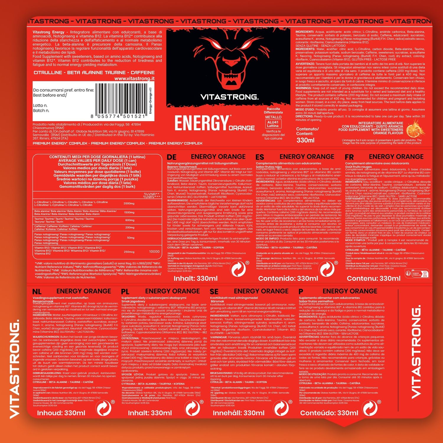 Rückseite der Vitastrong Energy Orange Verpackung. Text in verschiedenen Sprachen. Inhaltsstoffe und Nährwerte.