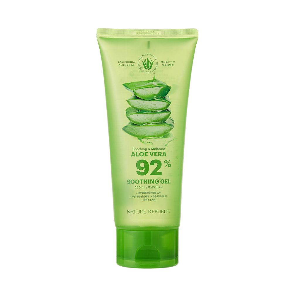 Grüne Tube mit Aloe Vera-Motiv und Schriftzug. Enthält 92% Soothing Gel. Marke: NATURE REPUBLIC.