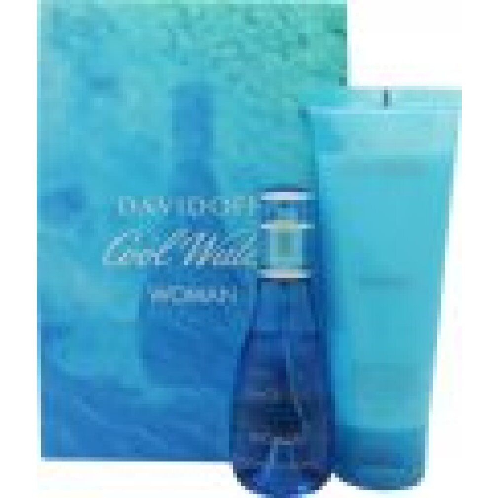 Geschenkset mit Flakon, Tube und Schachtel. Flakon und Tube blau. Schachtel mit Schriftzug Davidoff Cool Water Woman.