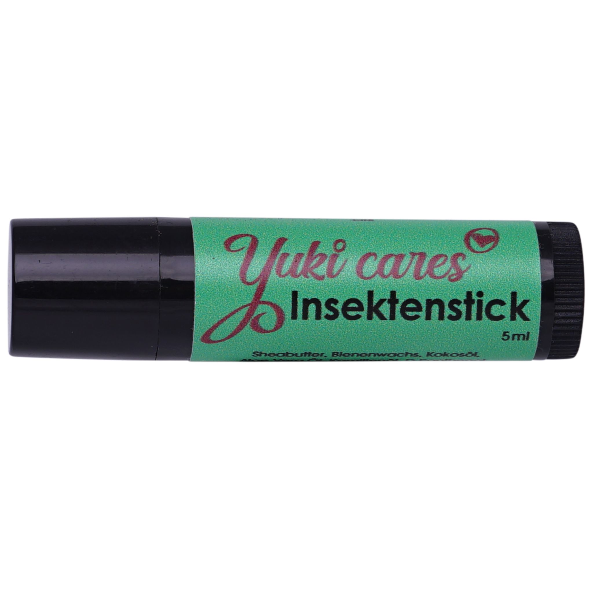 Zylinderförmiger Insektenstick mit schwarzem Gehäuse und grünem Etikett. Aufschrift: Yuki cares Insektenstick, 5ml.