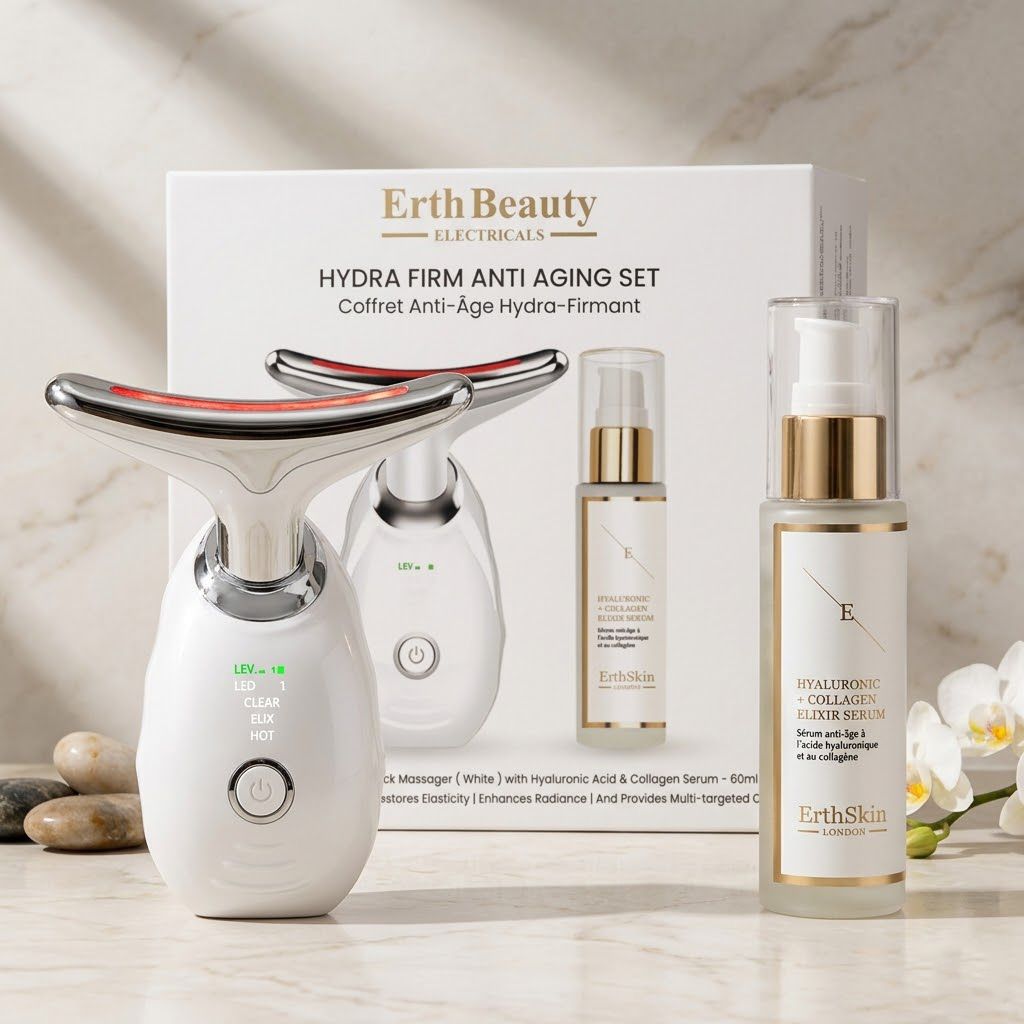 Anti-Aging-Set mit Massagegerät und Hyaluronserum in Geschenkverpackung.