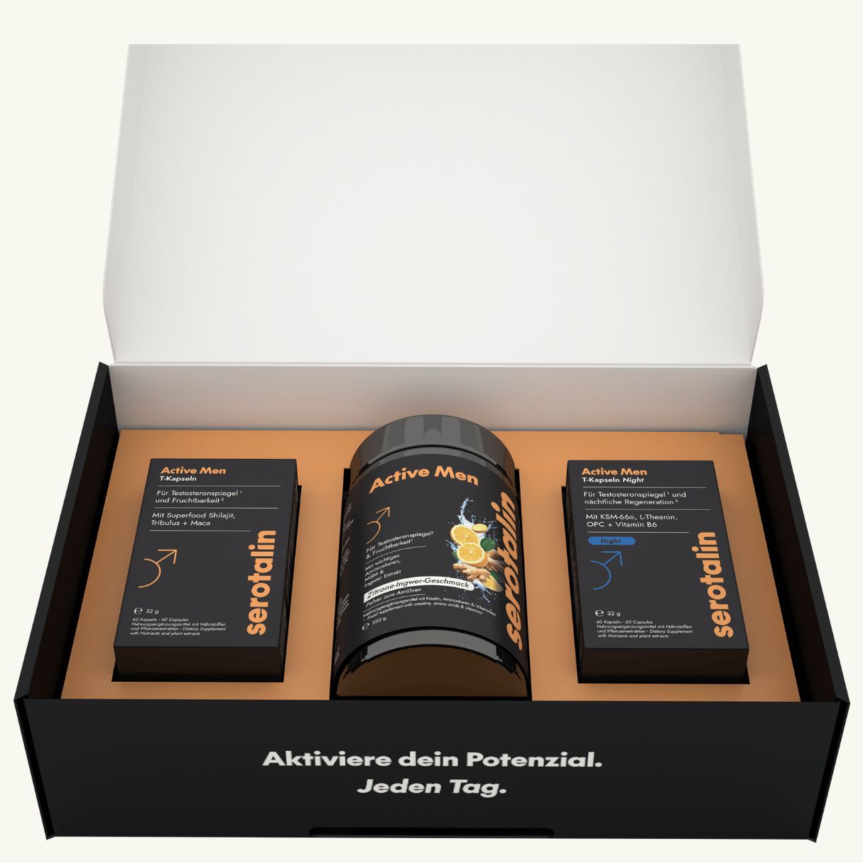 Schwarze Box mit drei Produkten: zwei Flaschen und eine Dose. Aufschrift: Active Men. Produkte in einer geöffneten Box angeordnet.
