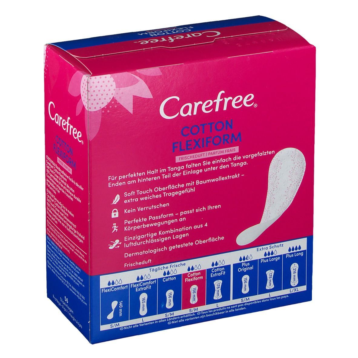 Carefree Cotton Flexiform Packung. Rosa-blaue Verpackung mit Produkt und 56 Slipeinlagen. Produktbeispiel auf der Verpackung.