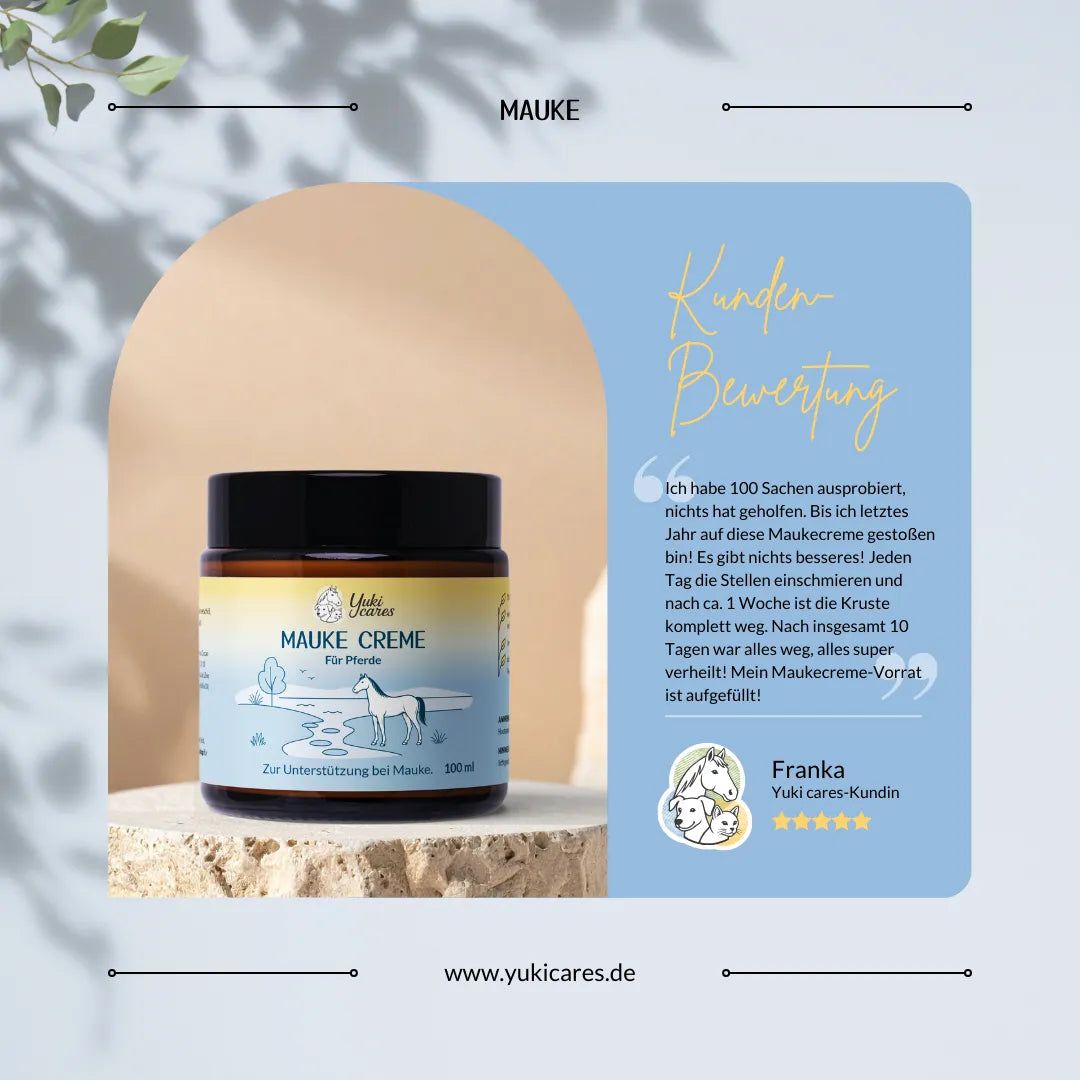 Braunes Glas mit schwarzem Deckel. Aufschrift: Mauke Creme für Pferde. Logo: Yuki cares. Zitat einer Kundin.