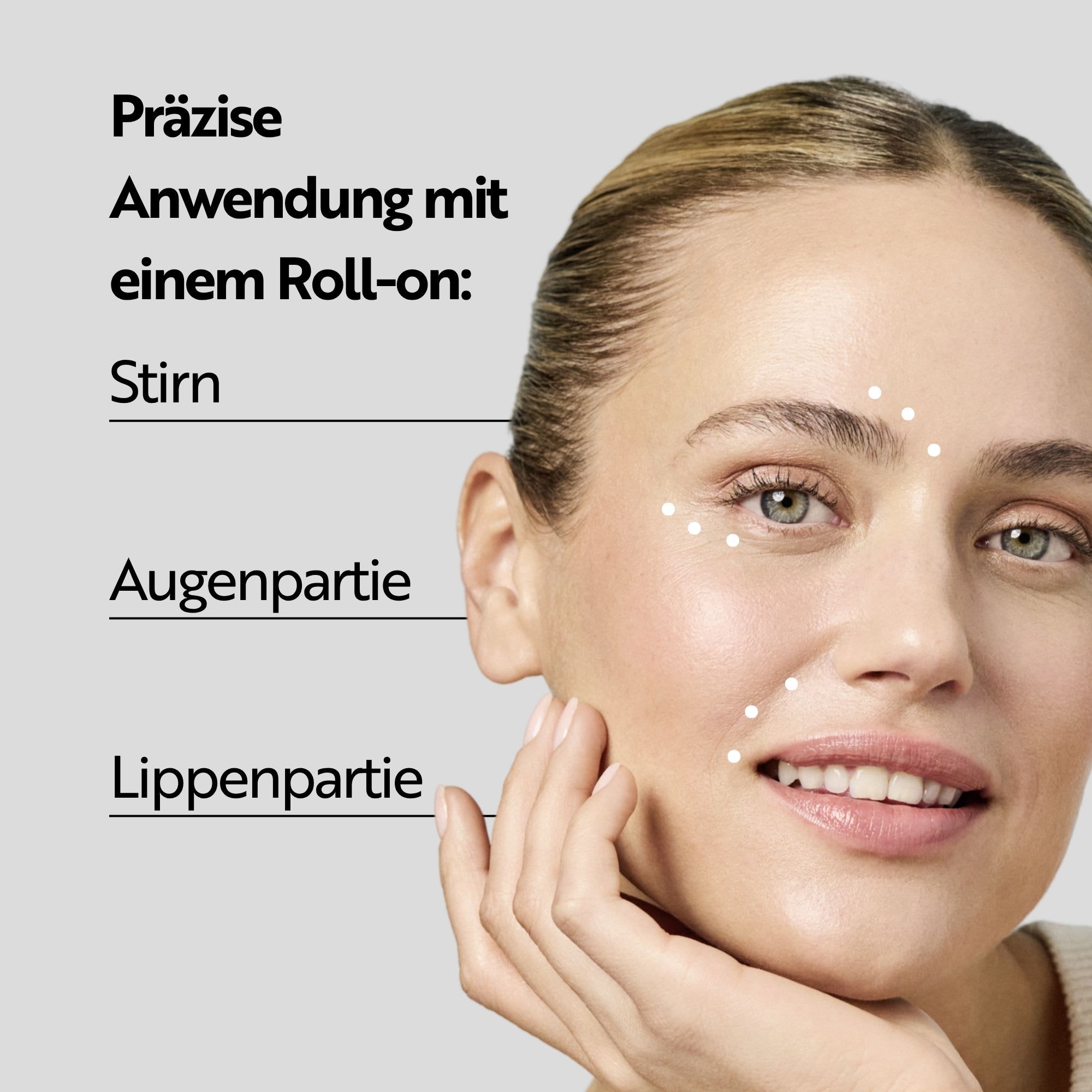 Anwendungshinweise für das M. Asam Aqua Intense Mimic Booster Serum mit Roll-on auf Stirn, Augen und Lippen.
