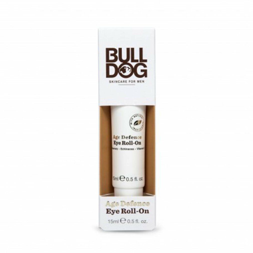 Weißes Produkt in Kartonverpackung. Aufschrift: Bulldog, Age Defence Eye Roll-On. 15ml.