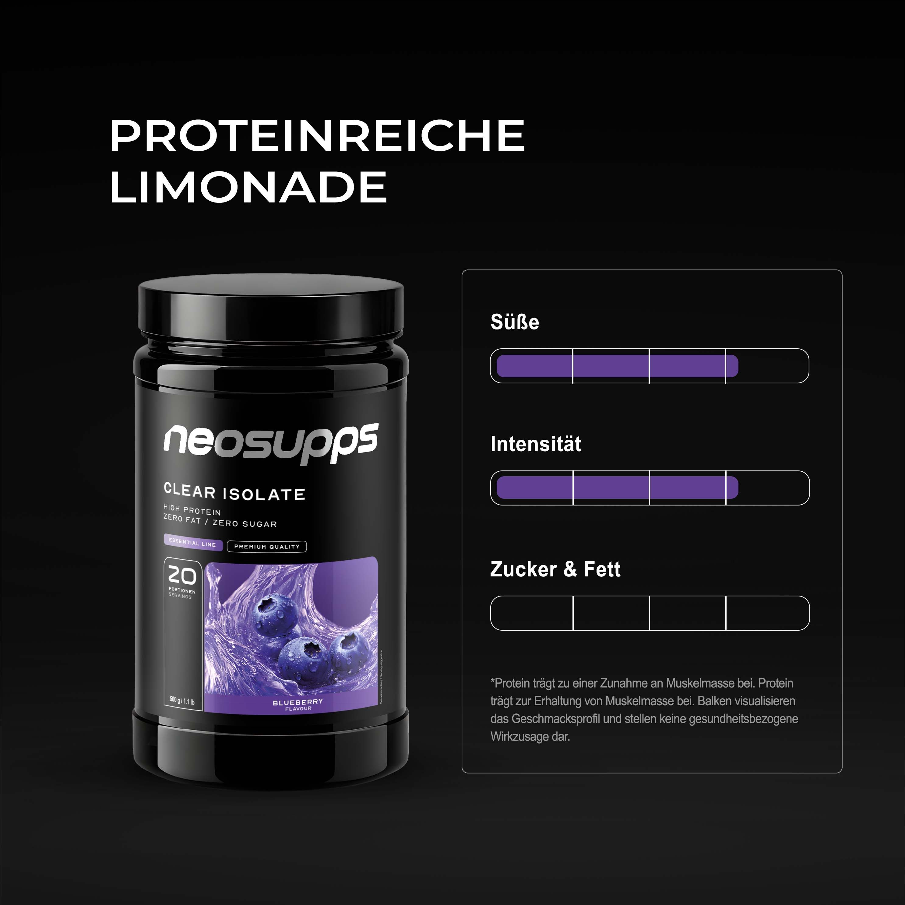 Neosupps Clear Whey Isolat Protein Pulver, 500g, Blueberry Geschmack, Eiweißshake