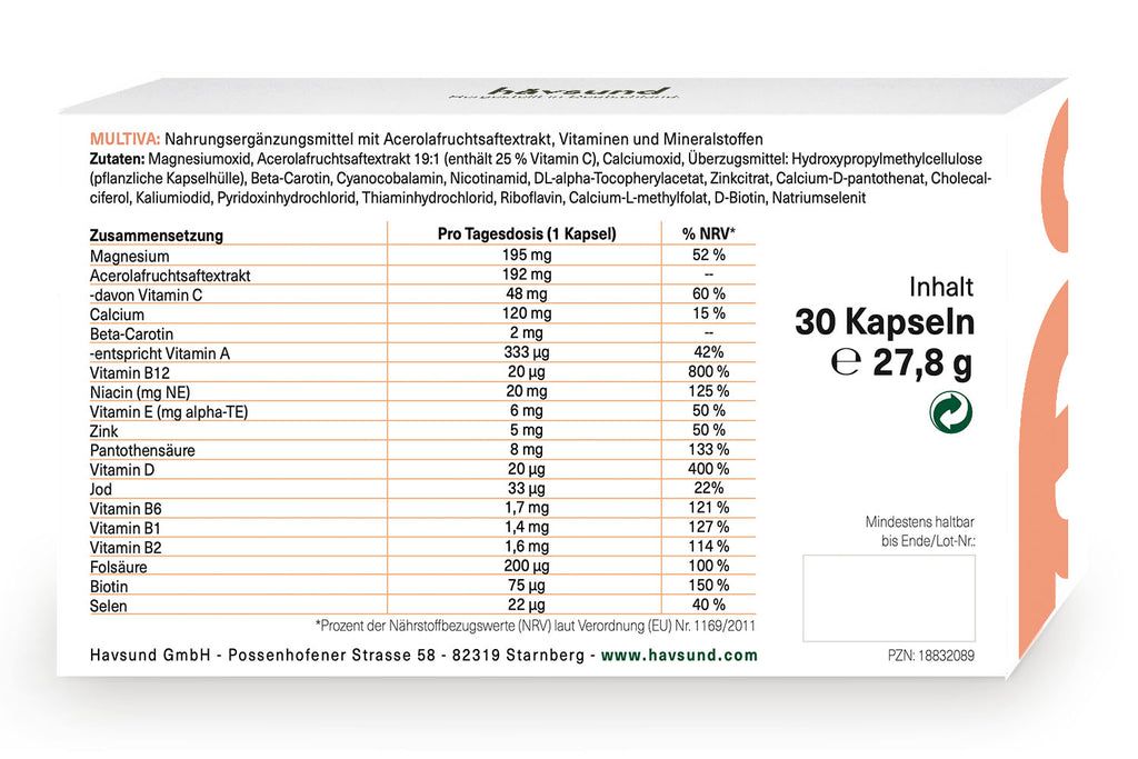 Rückseite der Verpackung mit Inhaltsangaben und Nährwerttabelle. Enthält 30 Kapseln, 27,8 g. Herstellerinformationen.