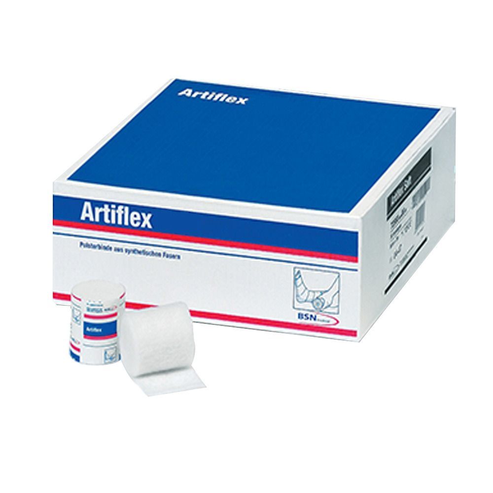 Artiflex-Verband, weiß, mit Verpackung. Blaue Schachtel mit Artiflex-Schriftzug. Zwei Rollen Verband, eine abgerollt.