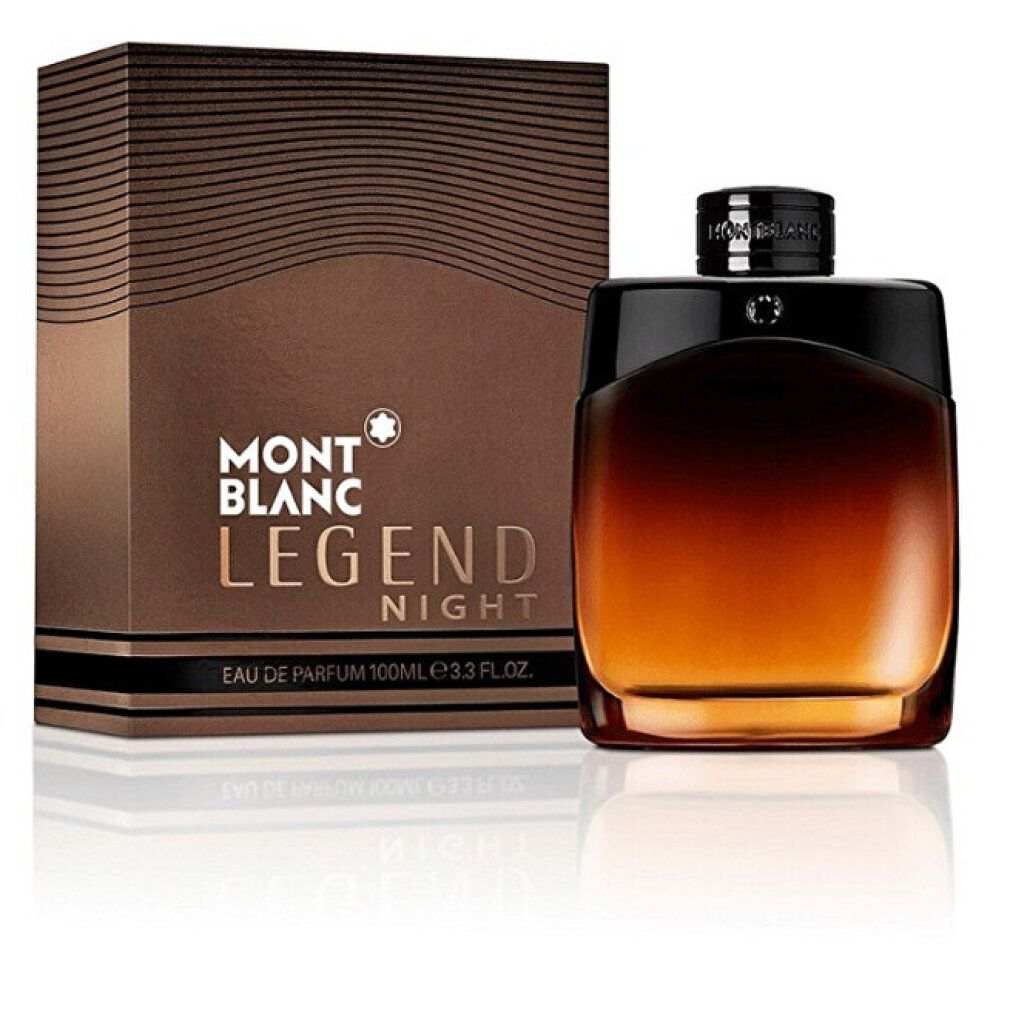 Montblanc Legend Night Eau de Parfum Flakon und Verpackung. Schwarzer Deckel, braunes Glas, braune Verpackung mit Logo.