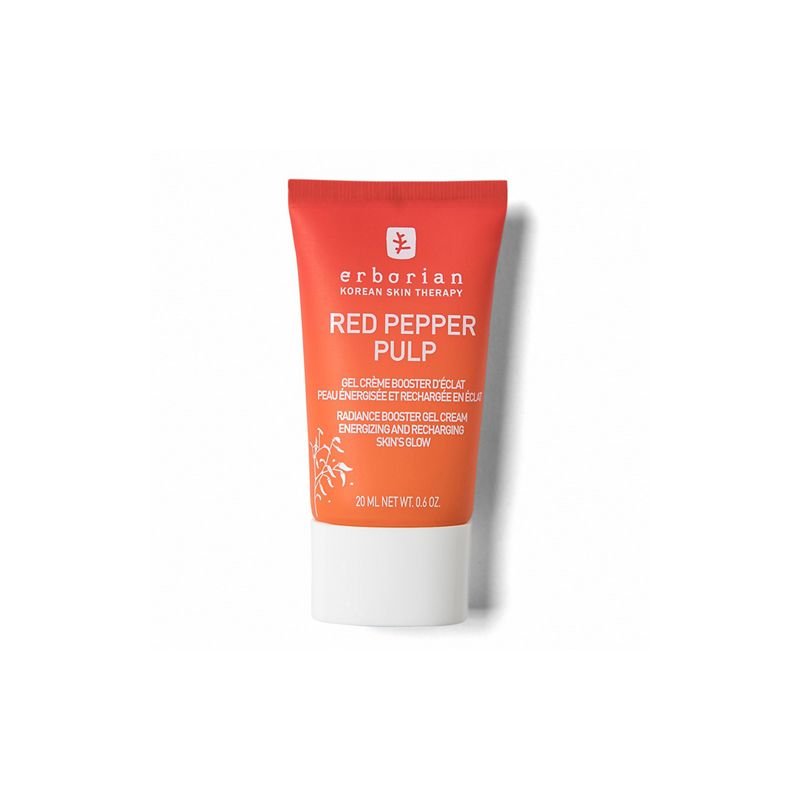 Rote Tube mit weißem Boden. Aufschrift: Erborian, Red Pepper Pulp. Gel-Creme für strahlende Haut. 20 ml.