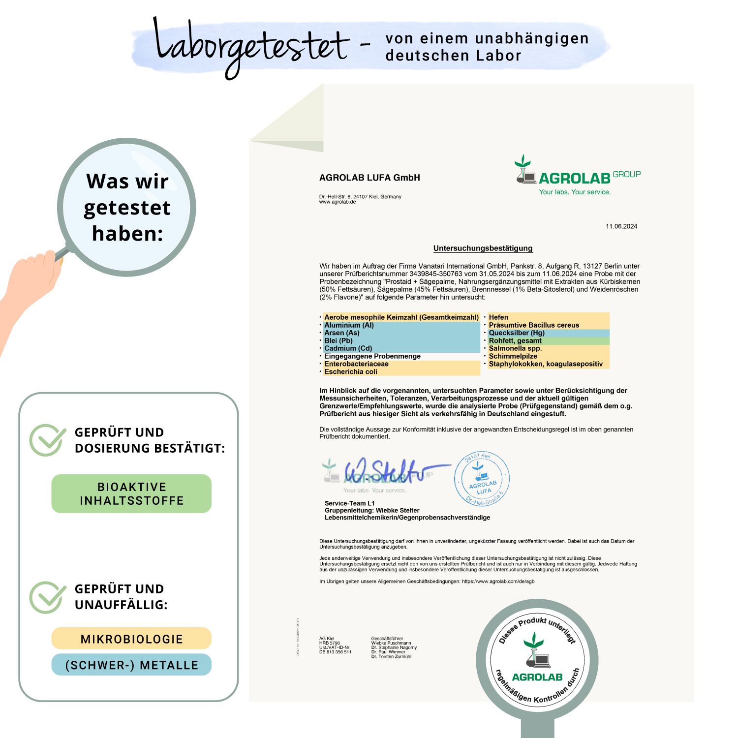 Laborzertifikat von Agrolab LUFA GmbH. Bestätigung von Bioaktiven Inhaltsstoffen, Mikrobilogie (Schwermetalle), Agrolab Logo.