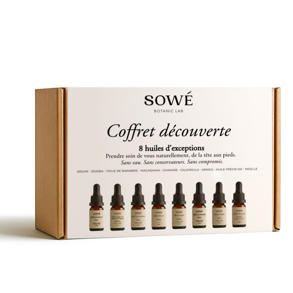 Geschenkbox mit acht kleinen Flaschen. Aufschrift: SOWÉ, Coffret découverte, 8 huiles d'exceptions. Braune Flaschen mit Pipetten.
