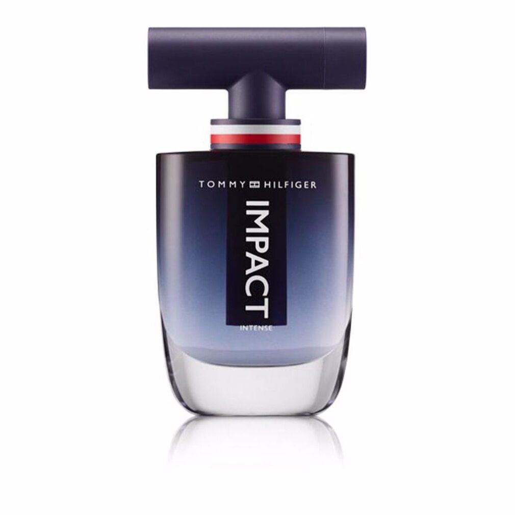 Tommy Hilfiger Impact Intense Flakon. Blau-schwarzer Farbverlauf. Schwarzer Verschluss mit rotem und weißem Streifen.