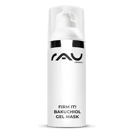 Weiße Flasche mit schwarzem Aufdruck. Text: Firm it! Bakuchiol Gel Mask.