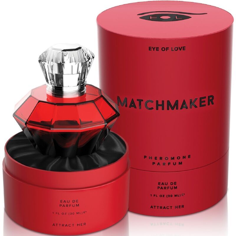 Roter Diamant-Parfümflakon und zylindrische Verpackung. Aufschrift: MATCHMAKER, Pheromon-Parfüm, Eau de Parfum, Attract Her.